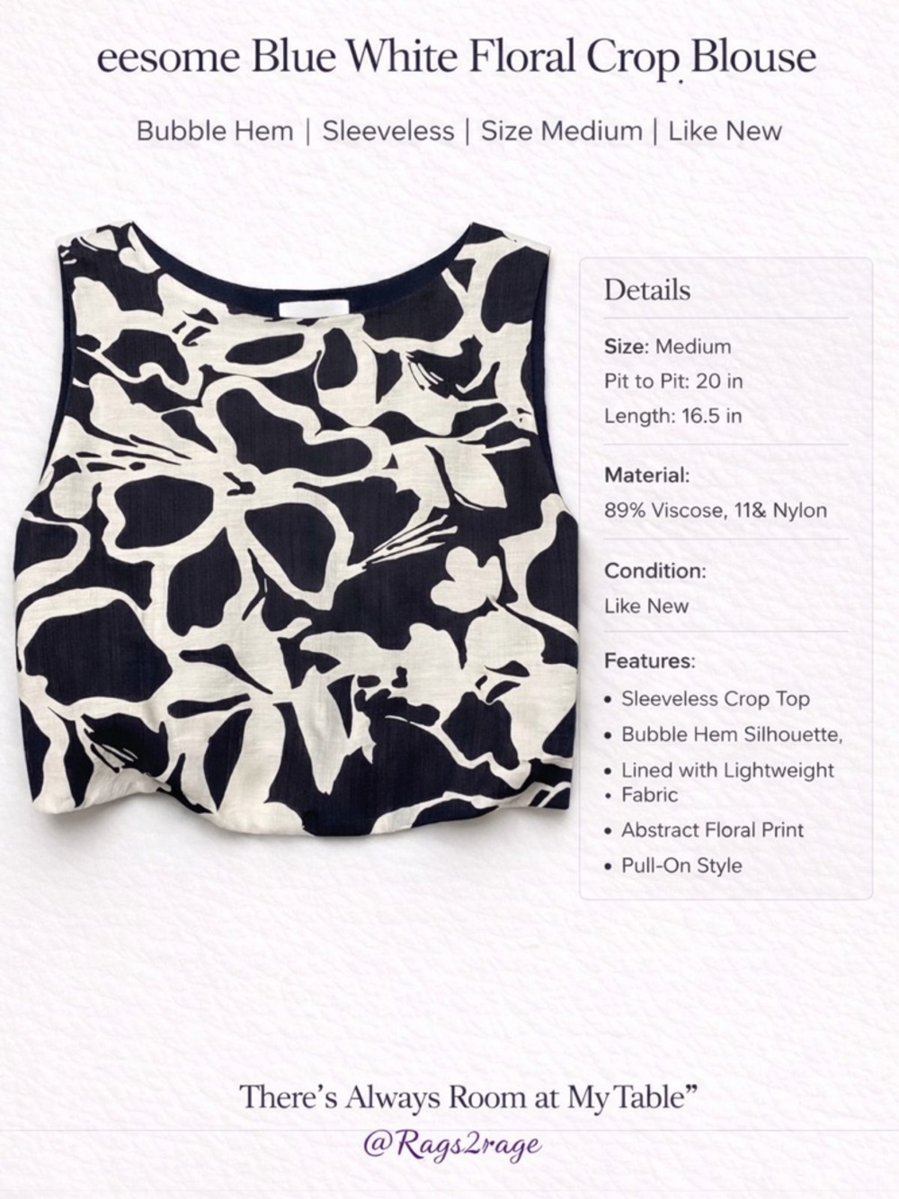 Eesome Blue White Floral Crop Blouse Bubble Hem Sleeveless Medium